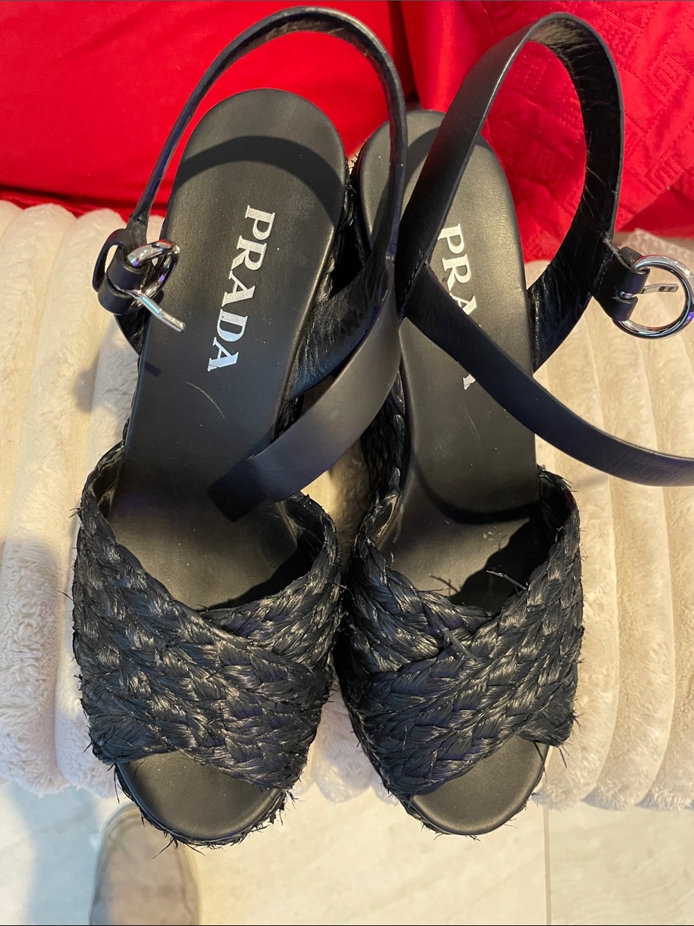 PRADA Black Braided Leather Slingback Sandals